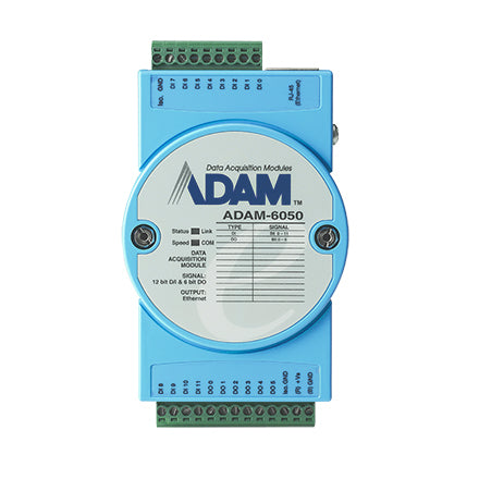 Advantech DI/O-Modul (Ethernet) – 18 Kanäle (12 DI/6 DO), Modbus/TCP, 1× RJ-45, 30 V – Blau – ADAM-6050-D1