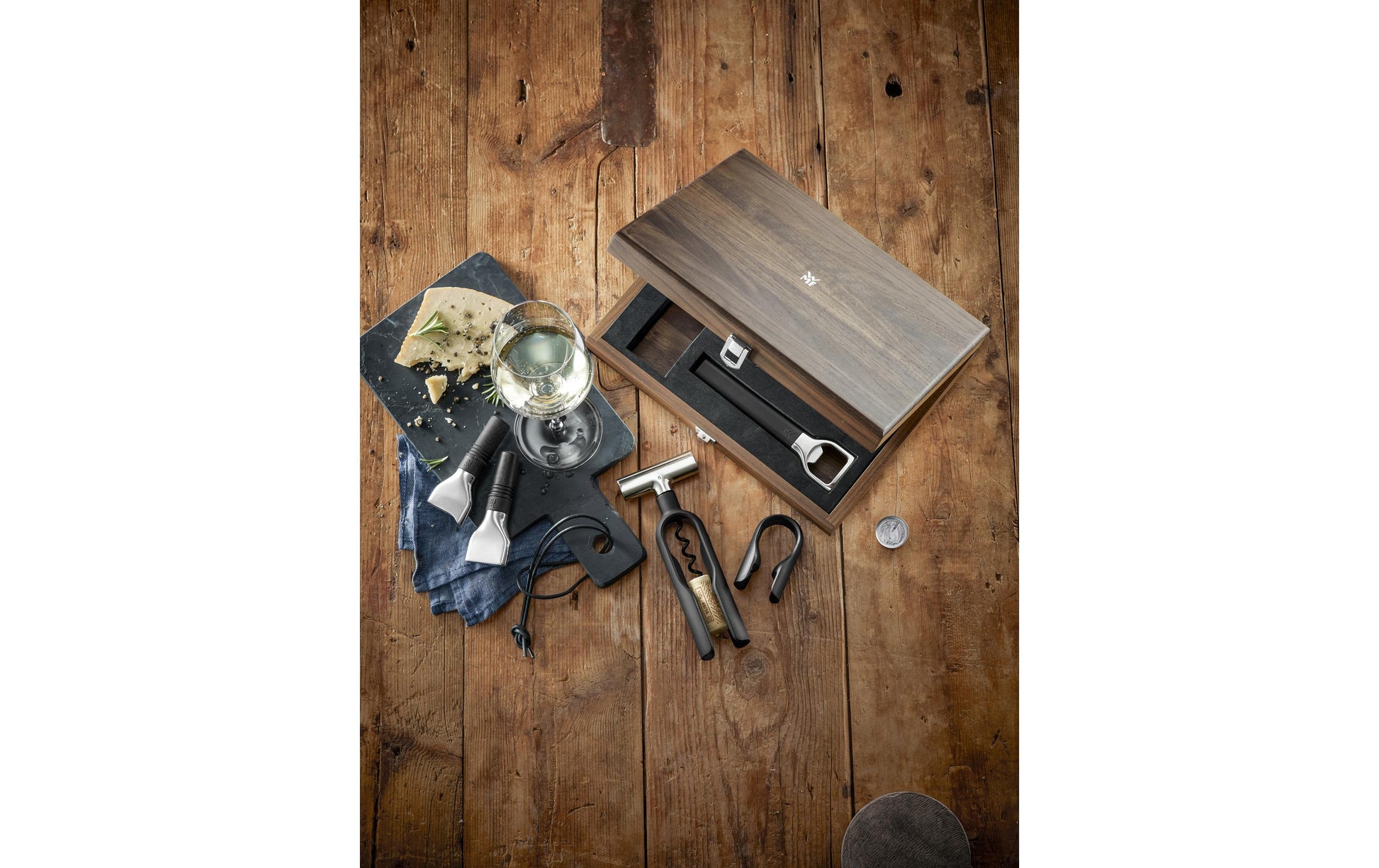 WMF Sommelier-Set – 5-teilig, Edelstahl (Cromargan)/Kunststoff/Holz, Walnuss-Holzbox (FSC)