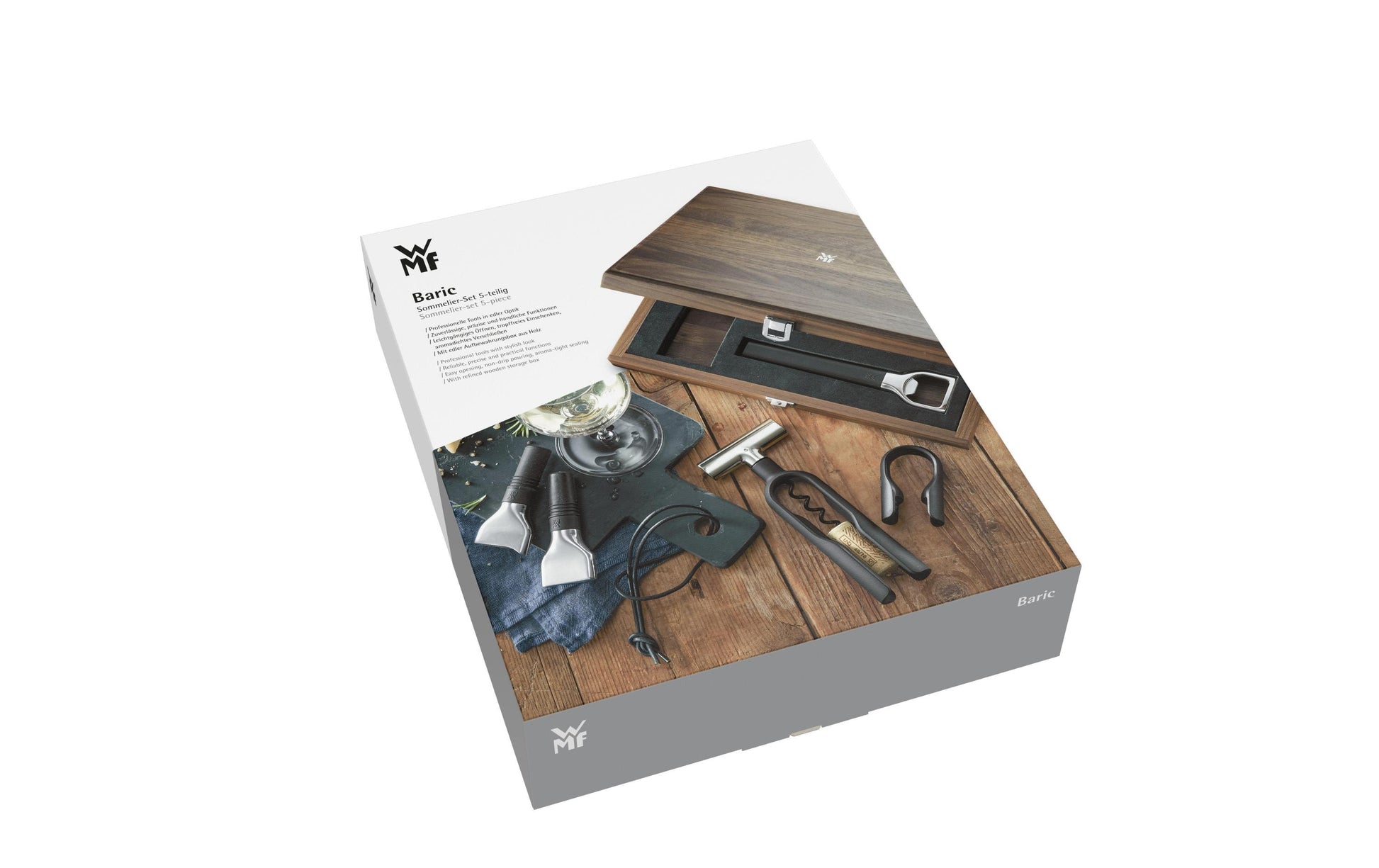 WMF Sommelier-Set – 5-teilig, Edelstahl (Cromargan)/Kunststoff/Holz, Walnuss-Holzbox (FSC)
