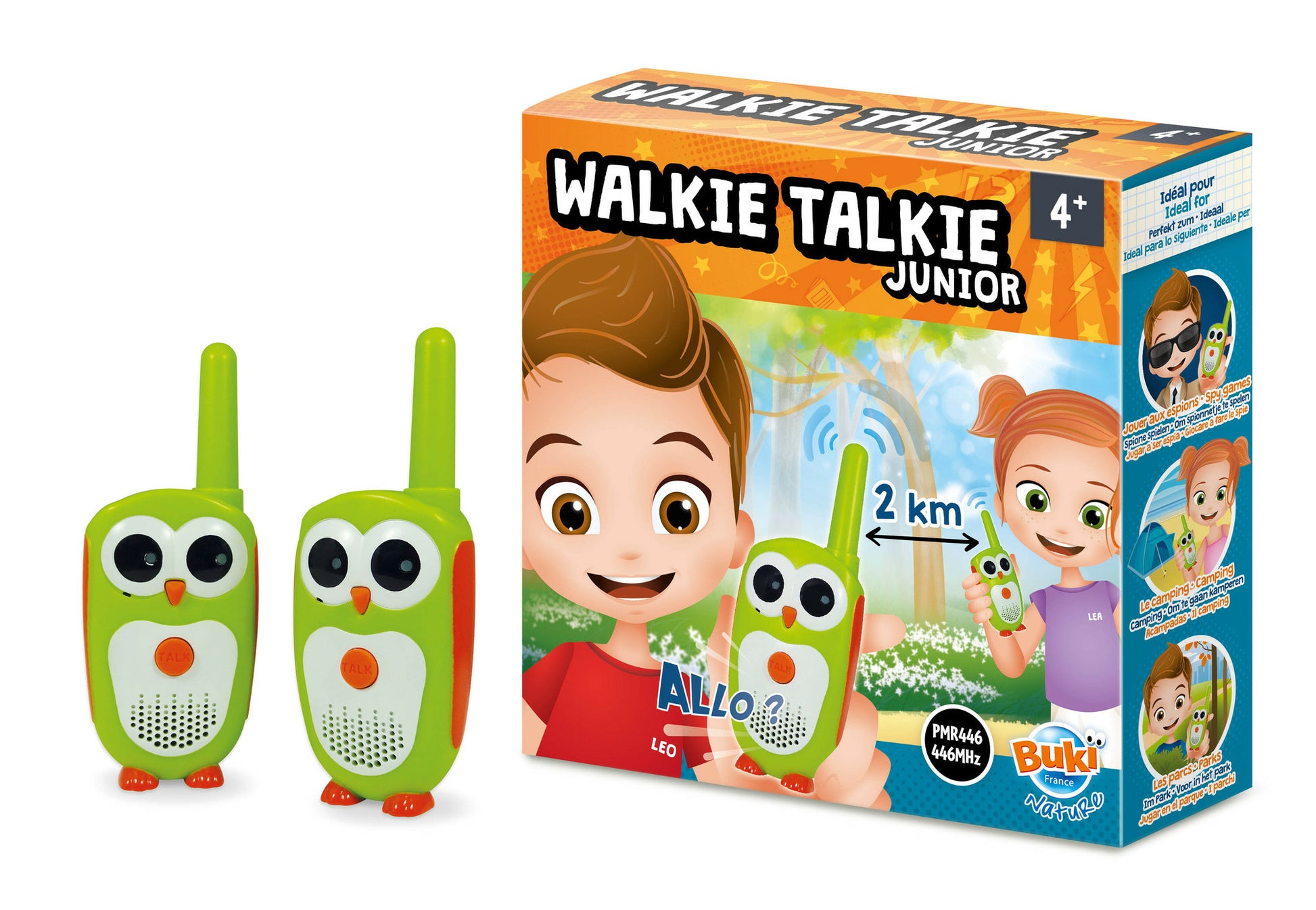 Buki Walkie-Talkie Junior – 2 km Reichweite – 2 Stück – ab 4 Jahren – Grün/Orange