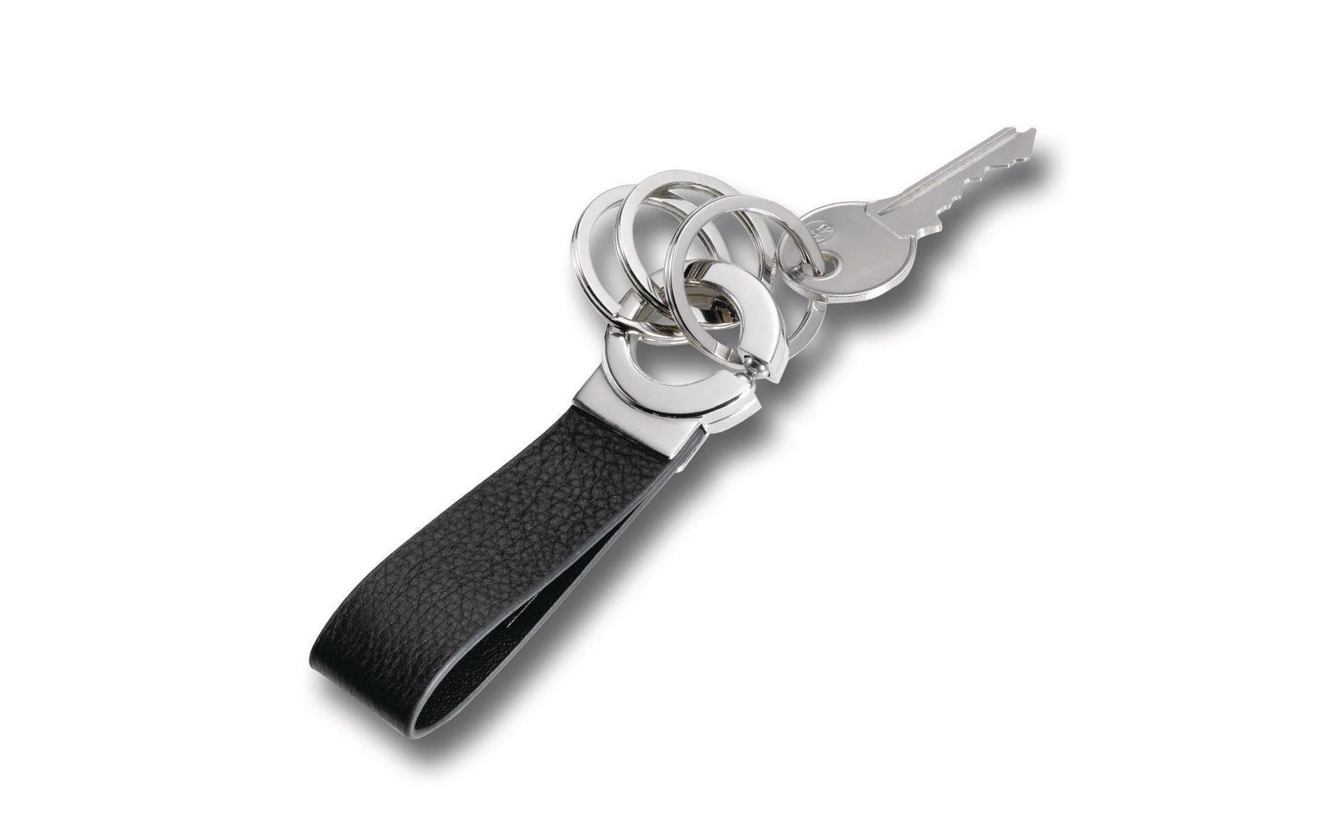TROIKA Key Click Schlüsselanhänger – Leder, Schwarz/Silber, Ø 30 mm