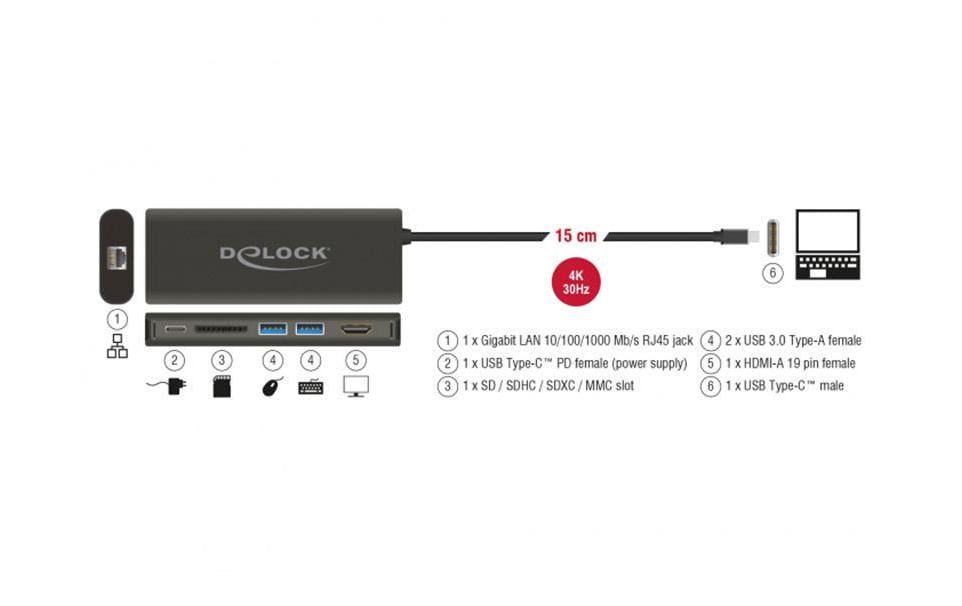DeLOCK 87721 Dockingstation – USB-C, 1× HDMI, 2× USB-A, 2× USB-C, GbE, SD, für Windows/Mac/Linux