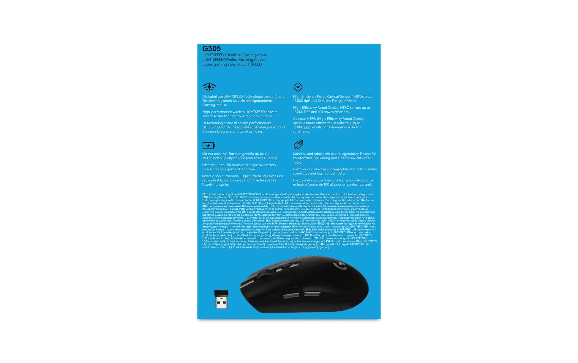 Logitech G G305 LIGHTSPEED – Gaming-Maus – Kabellos (2,4 GHz), 12000 DPI, RGB-Beleuchtung, rechts, Schwarz