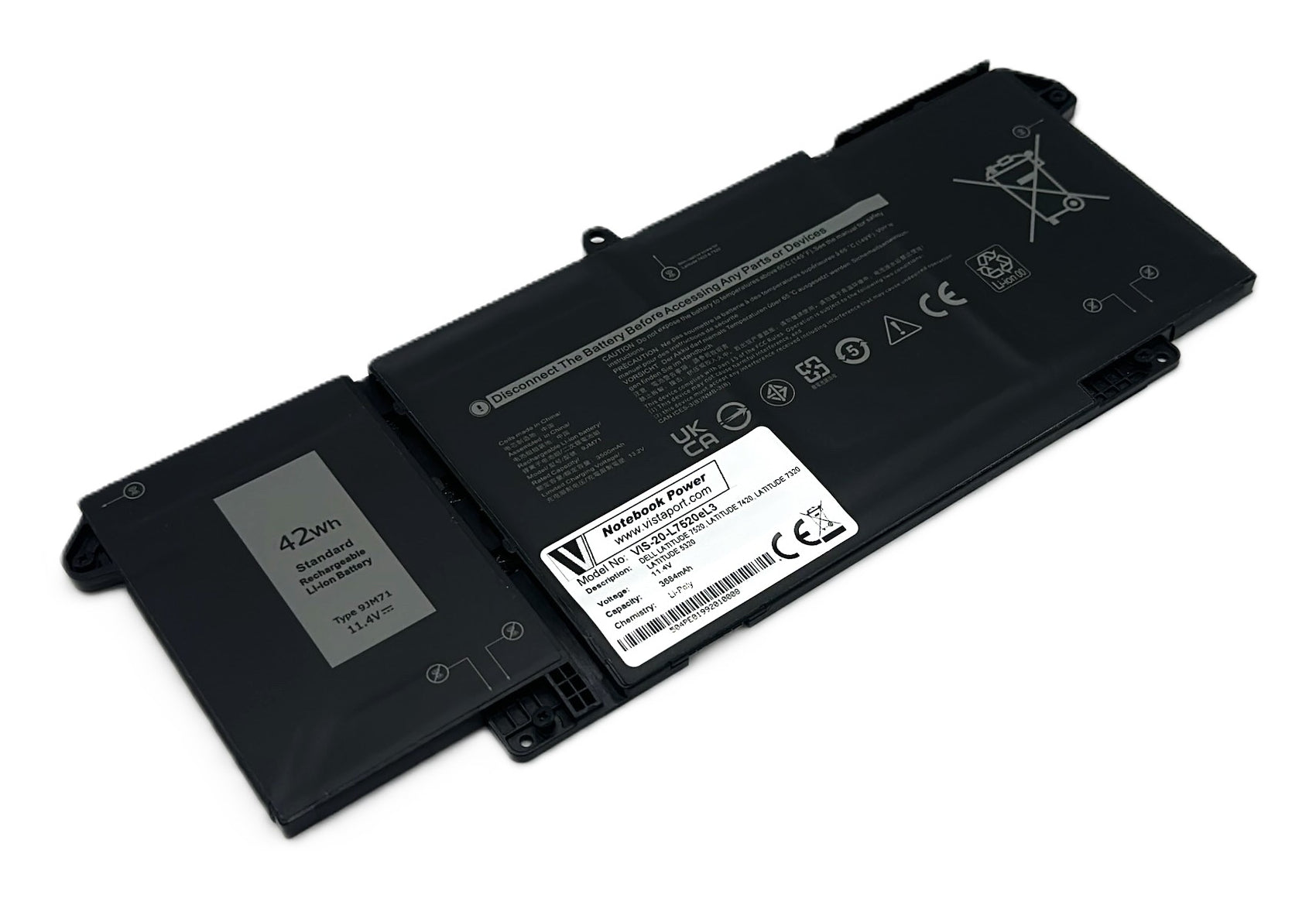 Vistaport Notebook-Akku – für Dell Latitude 5320, 7320–7520 – 42 Wh, 11,4 V – Schwarz
