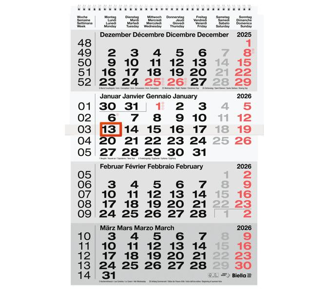 Biella 4-Monats-Kalender – 4 Monate pro Blatt – viersprachig D/F/I/GB – 2026 – Datumsschieber – 31 × 47 cm