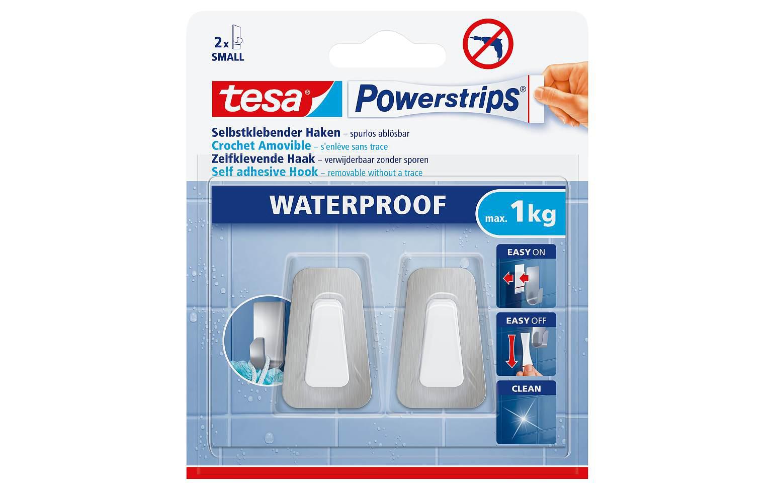 TESA Wasserfester Klebehaken KLEIN – Kunststoff/Metall, 1 kg, Klebestreifen, Weiss, 2er-Set