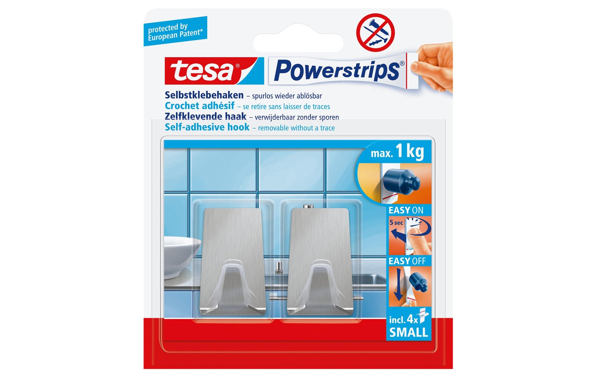 TESA Klebehaken – Edelstahl, 1 kg, Klebestreifen, Silber, 2er-Set