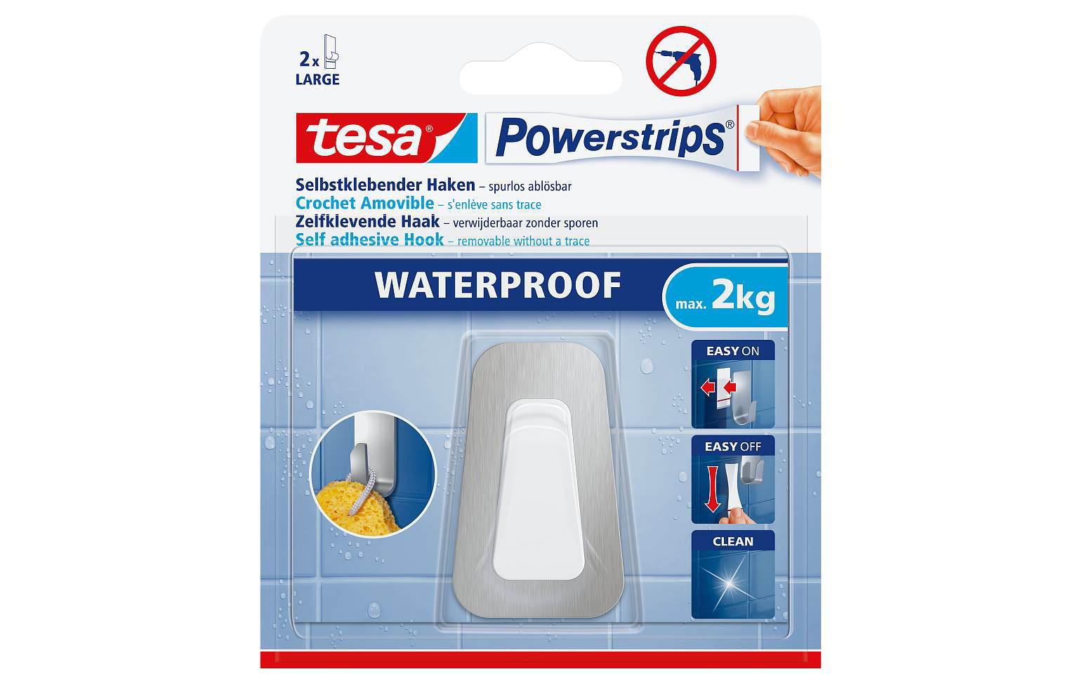 TESA Wasserfester Haken GROSS – Kunststoff/Edelstahl, 2 kg, Klebestreifen, Silber