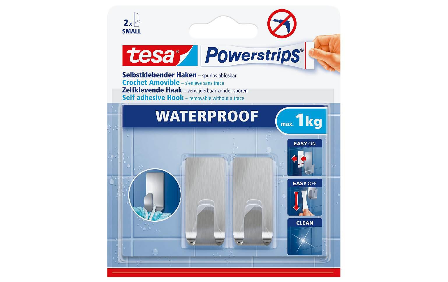 TESA Klebehaken – Edelstahl, 1 kg, Klebestreifen, 2er-Set