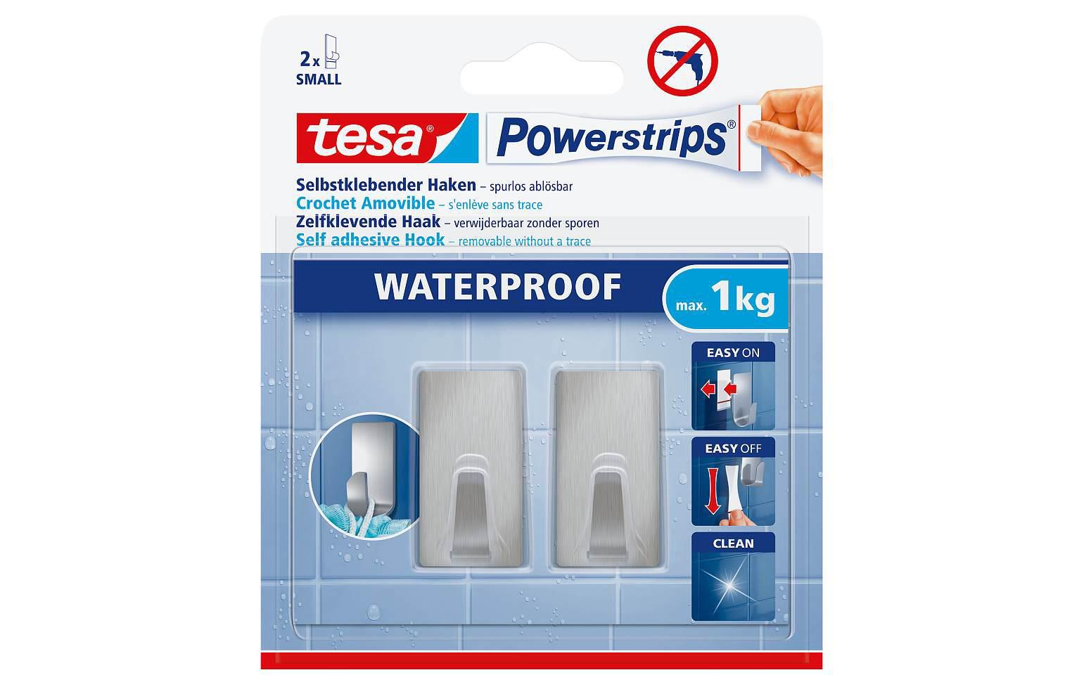 TESA Klebehaken – Edelstahl, 1 kg, Klebestreifen, 2er-Set