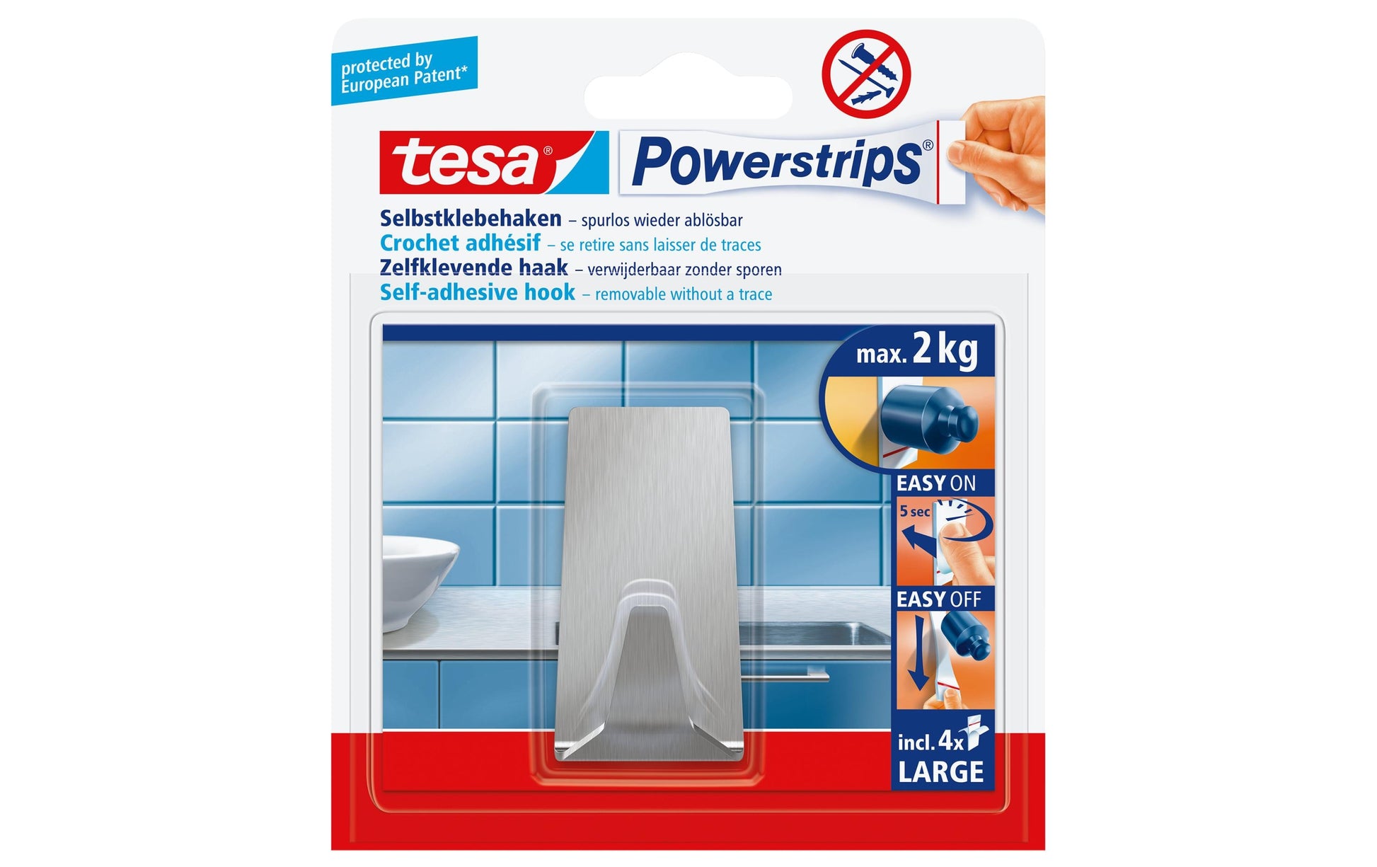TESA Klebehaken – Edelstahl, 2 kg, Klebestreifen, 3,2×2,0×6,0 cm, Silber