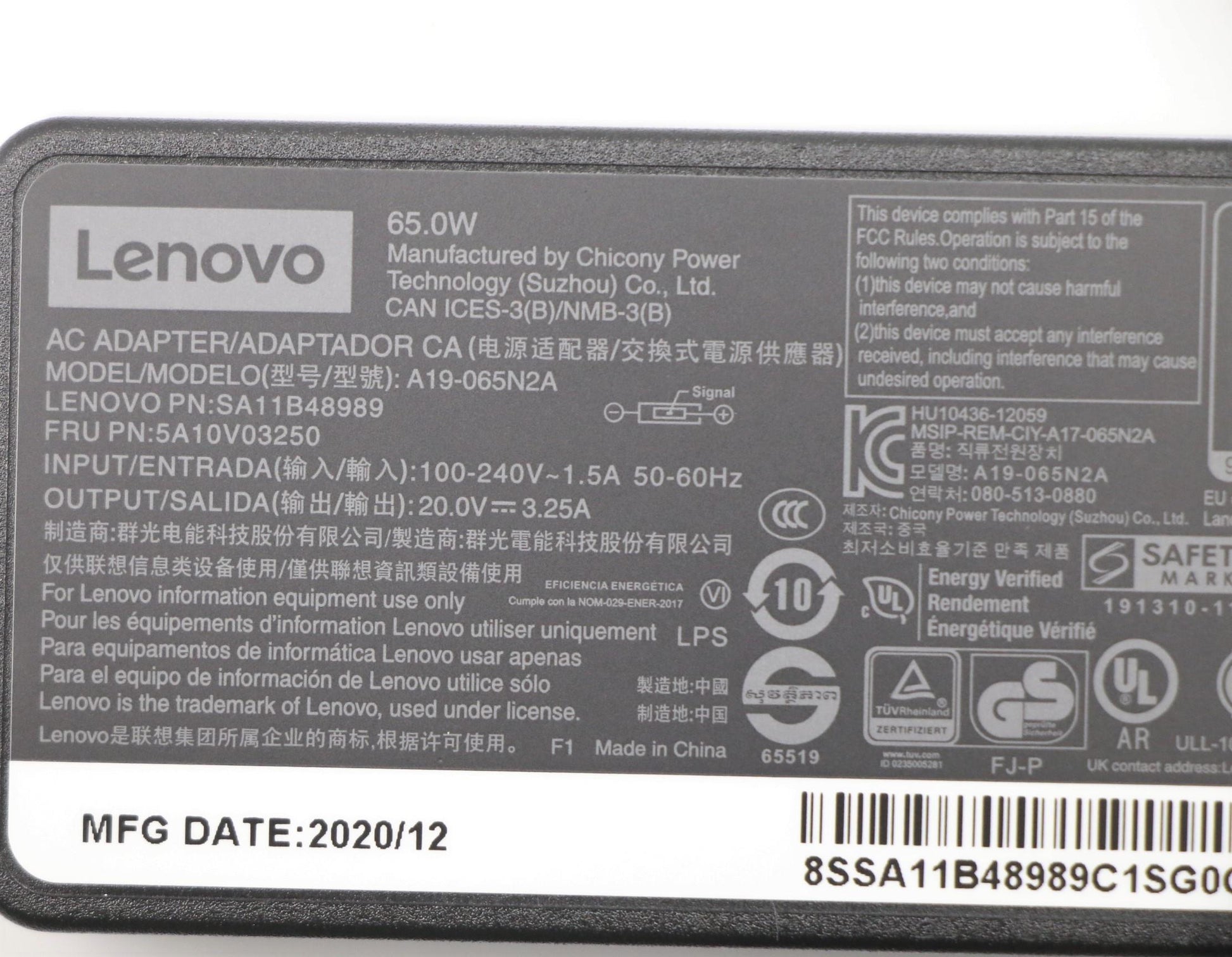 Lenovo 5A10V03250 Netzteil 65 W – 20 V – für Laptop – schwarz