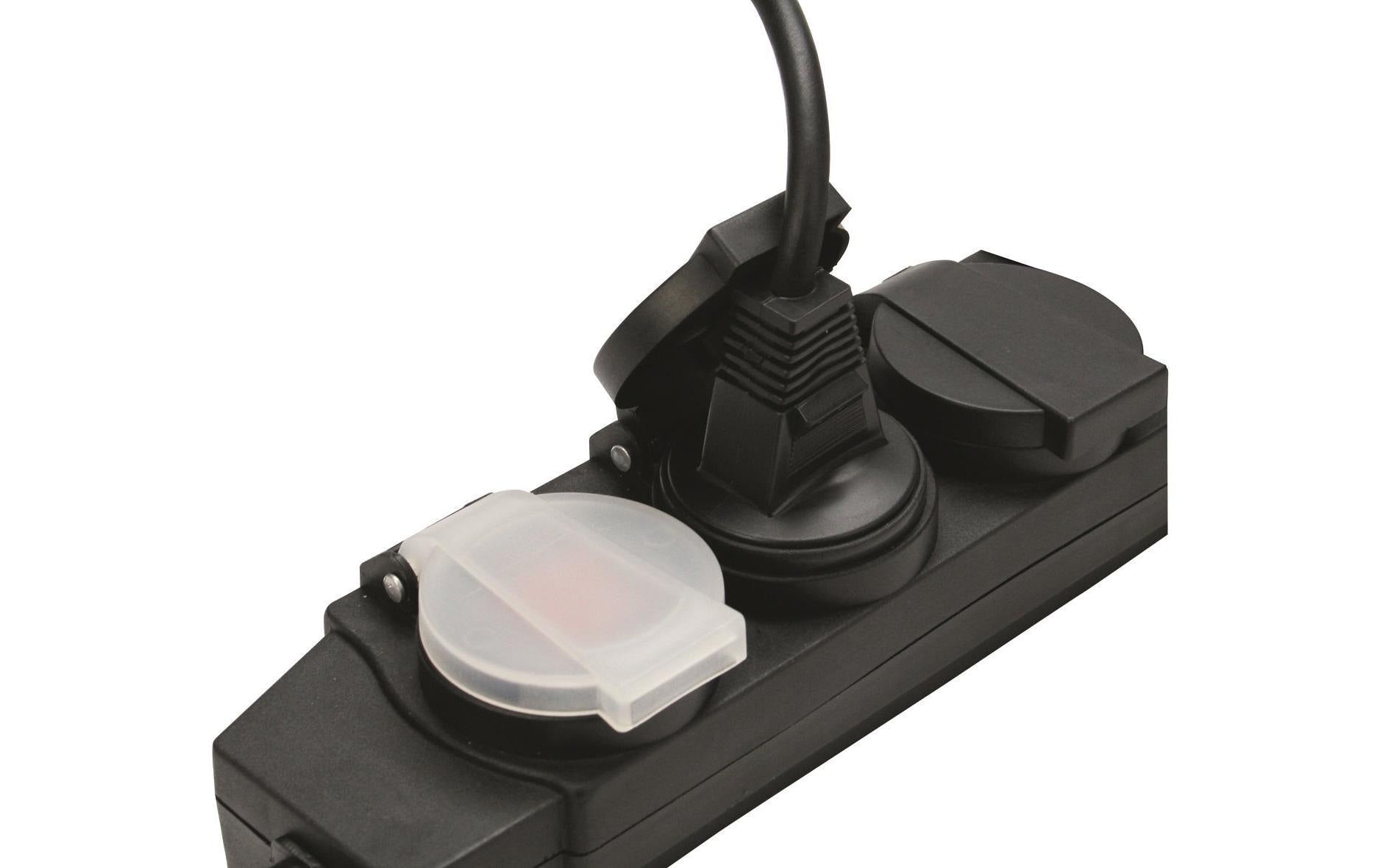 Steffen STEBA DRY Steckdosenleiste, 5×T13, mit Schalter, 3 m, Klappdeckel, Eingang T12, IP44 – Schwarz