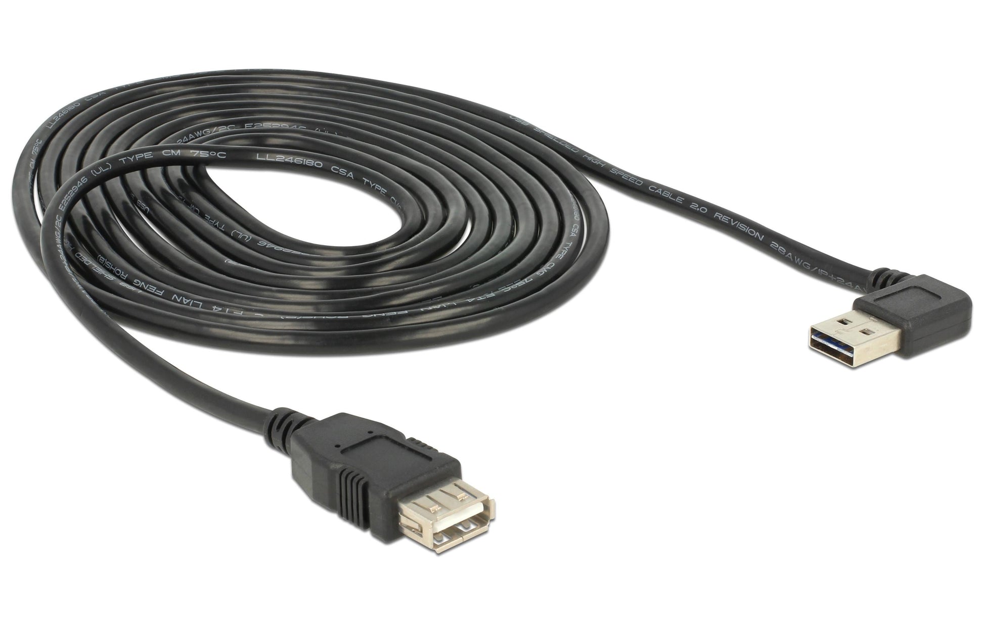 DeLOCK USB-A Verlängerungskabel (Stecker auf Buchse) – USB 2.0 (480 Mbit/s) – 3 m – Abgewinkelt – Schwarz