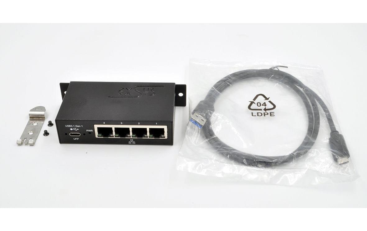 EXSYS EX-1330M USB 3.2 Gen 1 zu Gigabit-Ethernet Adapter – 4× 1G RJ-45, DIN-Schiene, Metallgehäuse