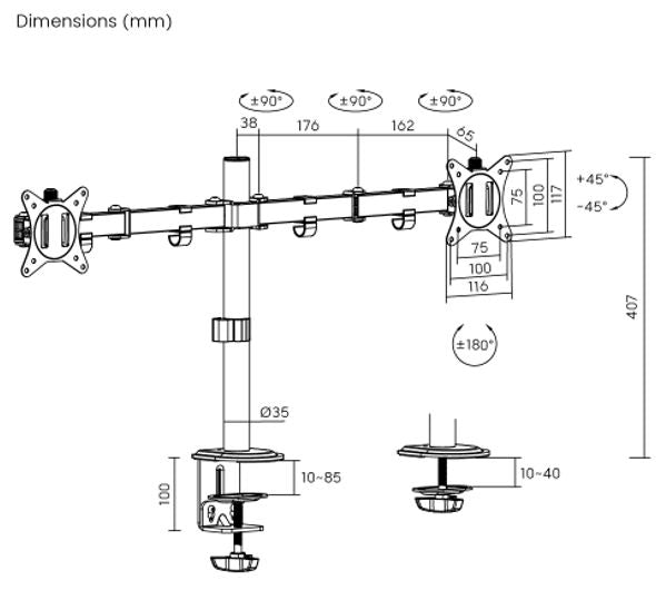 eSTUFF Tischhalterung, Dual, bis 32", VESA 75 × 75/100 × 100 mm, Schnellverschluss