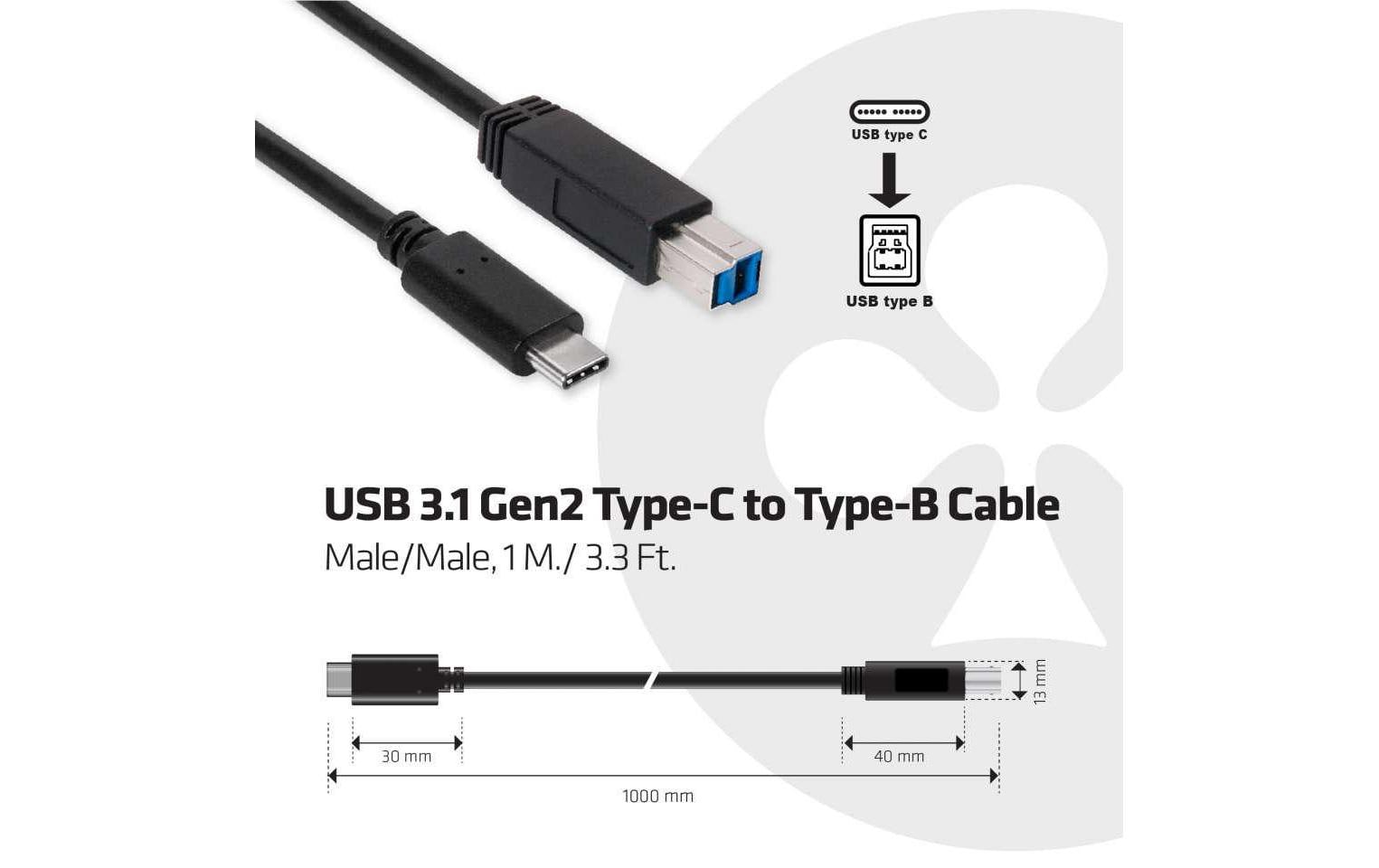 CLUB3D Club 3D – USB-C auf USB-B Kabel – USB 3.2 Gen 2 (10 Gbit/s) – 1 m – Schwarz