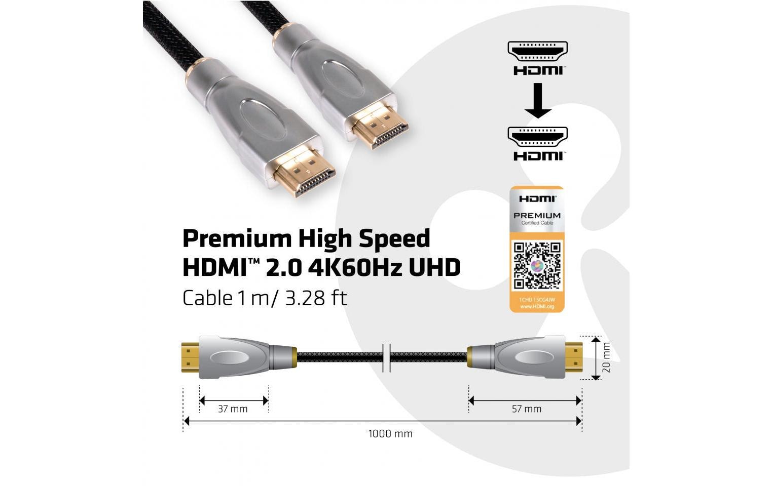 CLUB3D HDMI Kabel HDMI 2.0 4K 60 Hz – 1 m – Schwarz/Silber