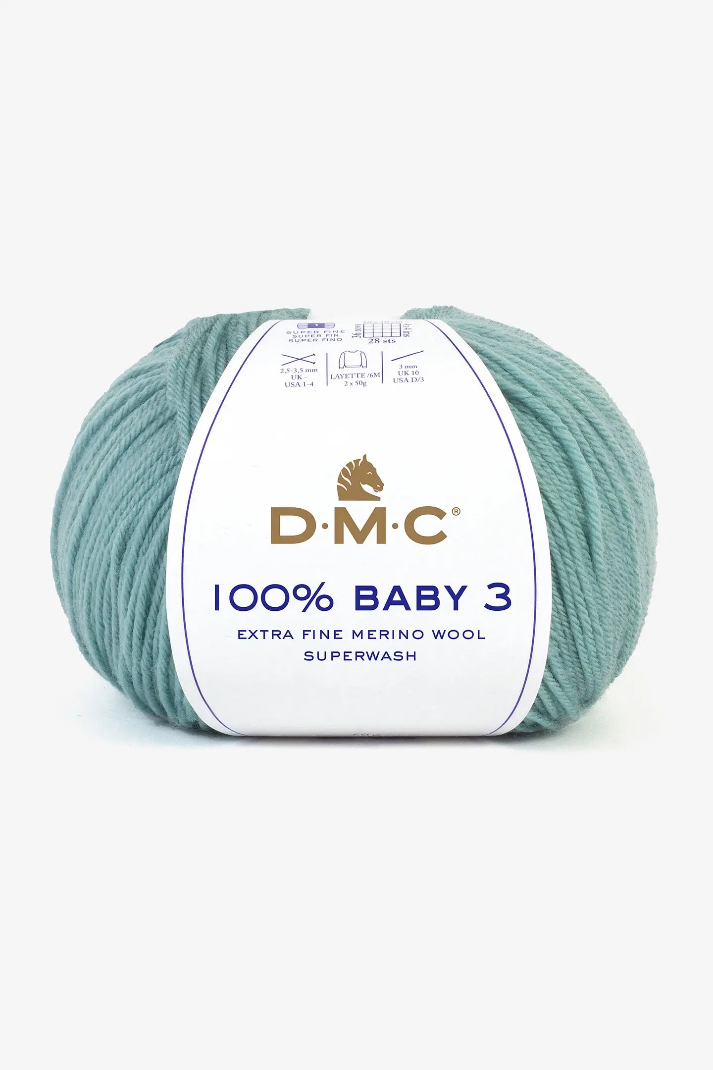 DMC 100% Baby 3 Wolle Salbeigrün – 50 g, 225 m, Nadel 3,5 mm, 100% Merino, 1 Stk.