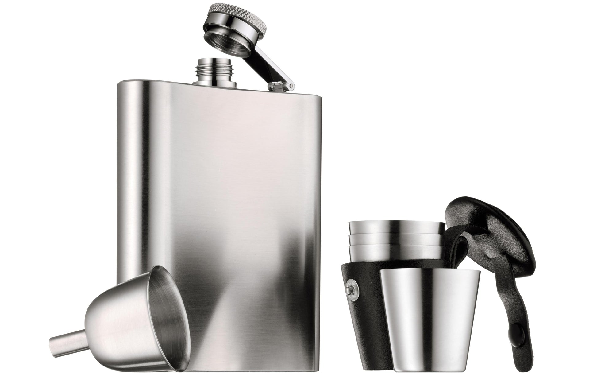 WMF Flachmann Manhattan – 200 ml, Leder, Silber, inkl. Trichter und 4 Schnapsgläser im Lederetui