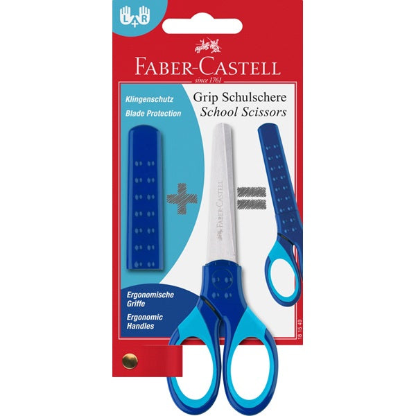 Faber-Castell Grip Kinderschere, abgerundet, für Rechts- und Linkshänder – Softgrip, Klingenschutz, Blau