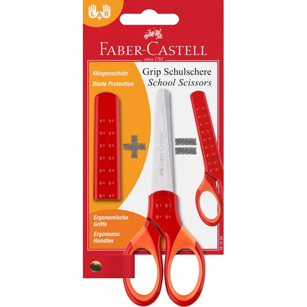Faber-Castell Grip Kinderschere, abgerundet, für Rechts- und Linkshänder – Klingenschutz, Softgrip, Rot