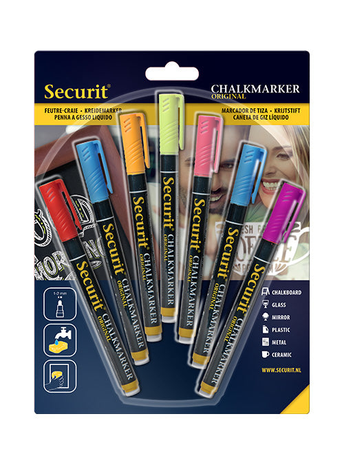 Securit SMA100 Kreidemarker – Rund 1–2 mm – 7er-Set, Gemischte Farben, für Glas und andere glatte Oberflächen
