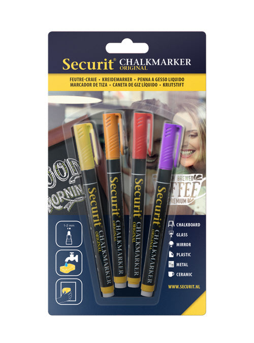 Securit BL-SMA100 Kreidemarker – 1–2 mm – 4er-Set, Orange/Violett/Rot/Gelb