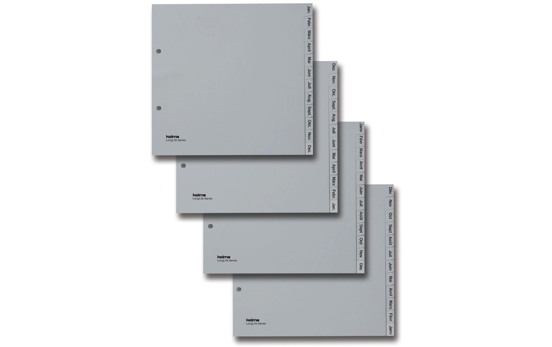Kolma Register – teildeckend, 12-teilig, PVC, grau, vorgedruckt, 2-Ring, ovale Lochung, für A4 Hochformat