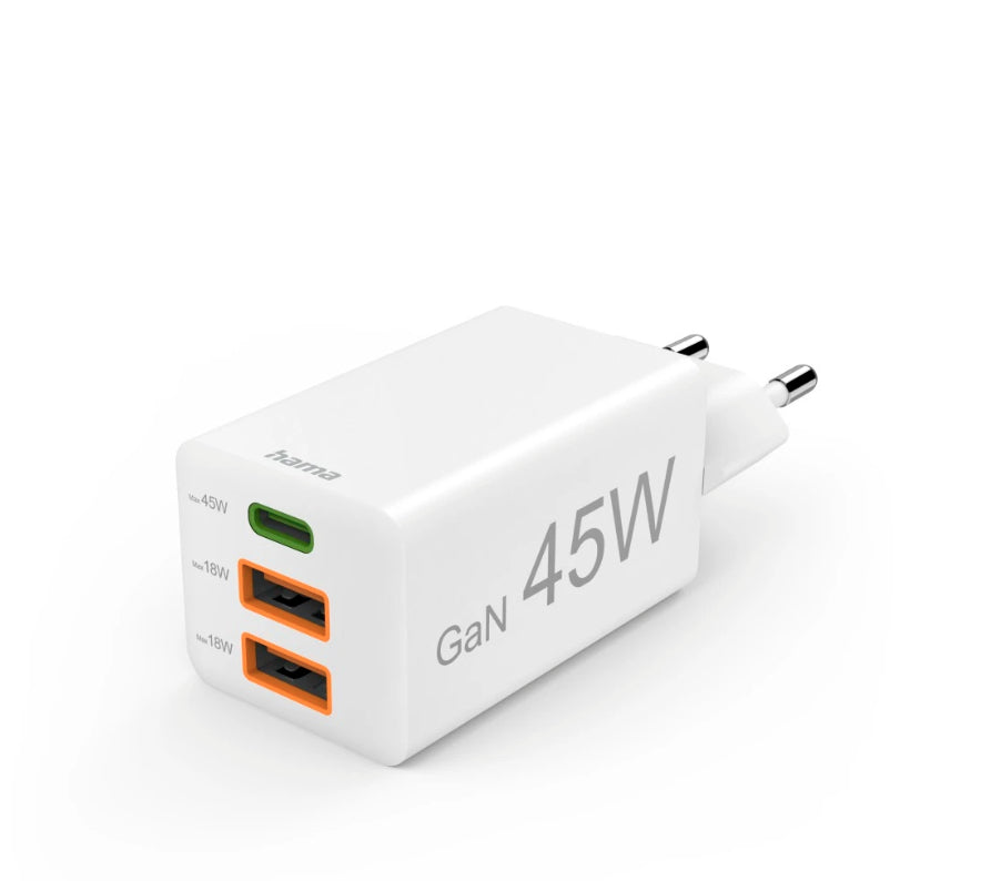 Hama 00201995 USB-Ladegerät 45 W – USB-C×1, USB-A×2 – PD 3.0, QC 3.0, GaN – Weiss