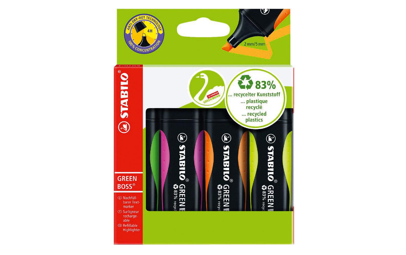 STABILO BOSS Textmarker Set 4 Farben – Keilspitze, 2–5 mm, nachfüllbar