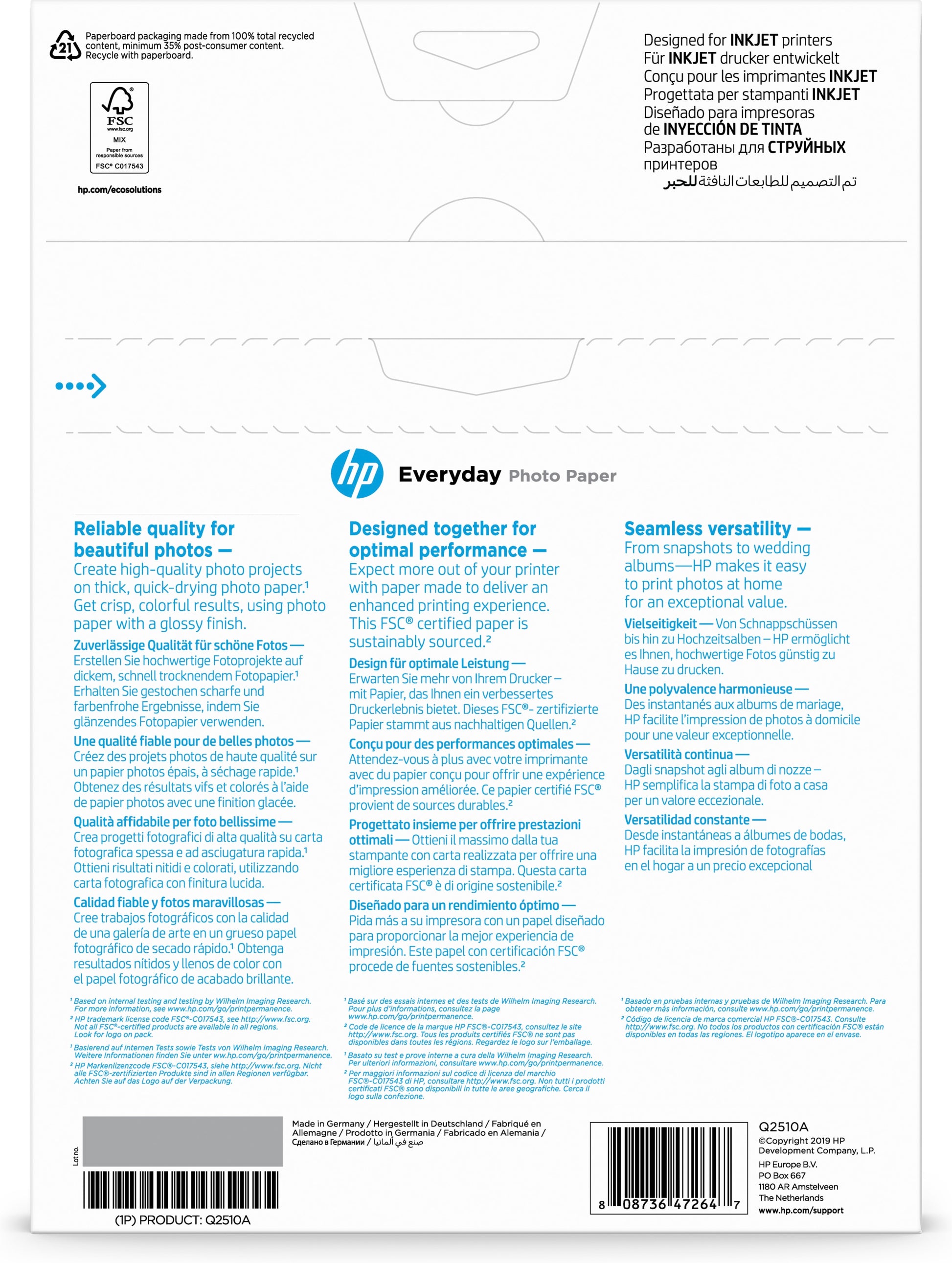 HP Fotopapier – glänzend, A4, 200 g/m², 100 Blatt – für Inkjet-Drucker