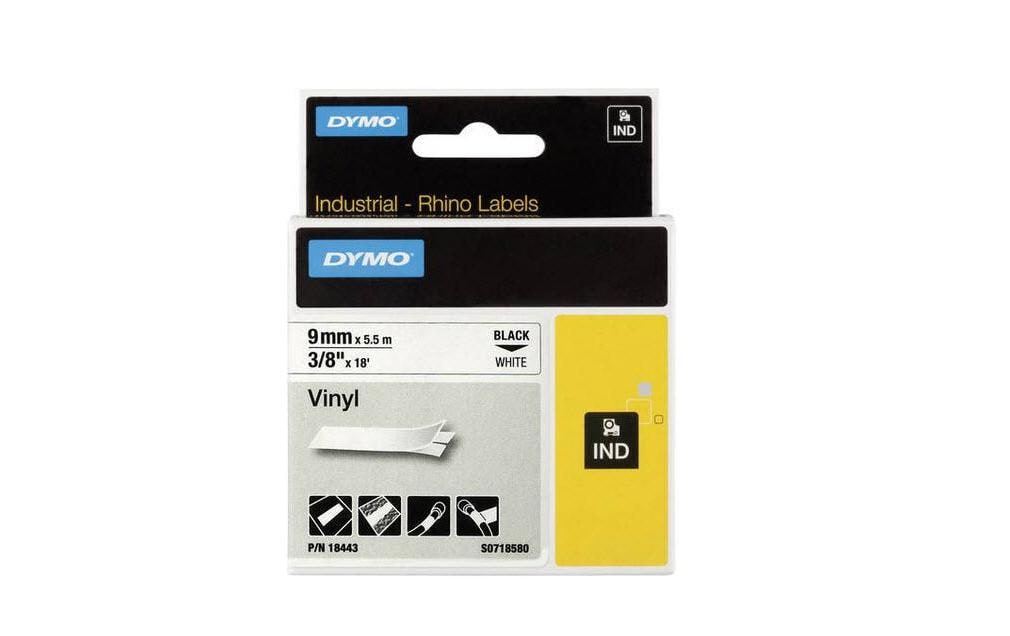 DYMO Schriftband – 9 mm × 5,5 m, weiss, schwarz – für DYMO Rhino: 3000, 4200, 5000, und andere