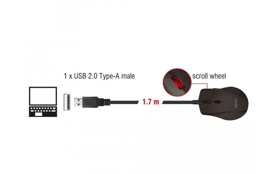 DeLOCK Ergonomische Maus – kabelgebunden, USB-A, 5 Tasten, für Linkshänder, schwarz