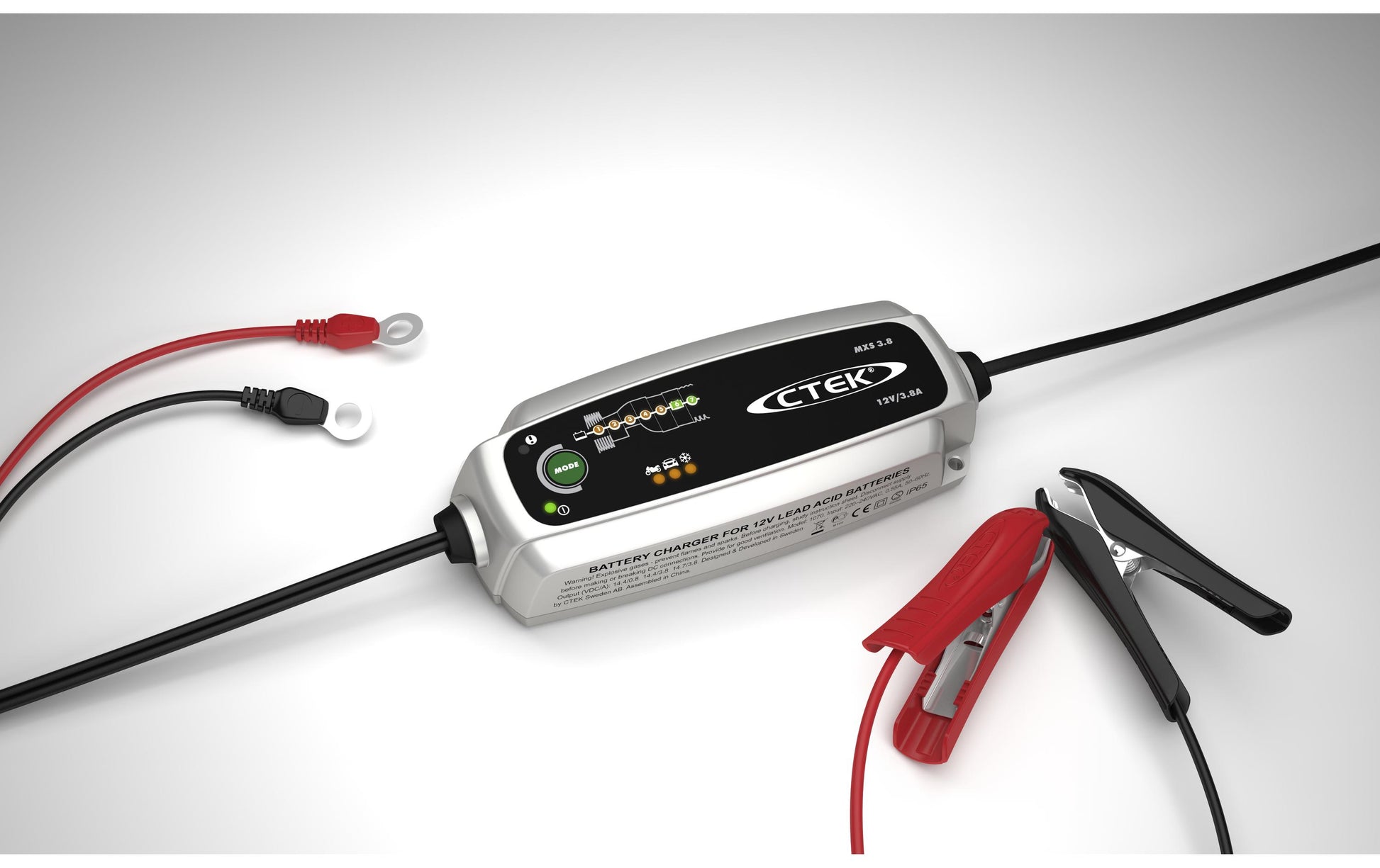 CTEK MXS 3.8 Batterieladegerät 12 V, 3,8 A – für Blei-Säure (AGM, Gel), IP65, 1,2–130 Ah – schwarz, silber