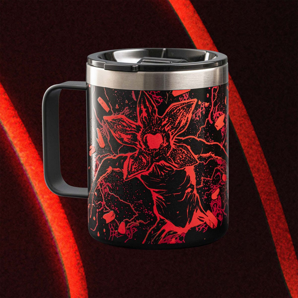 Bialetti Stranger Things Thermobecher 420 ml – doppelwandig, Edelstahl, mit Griff, schwarz/rot