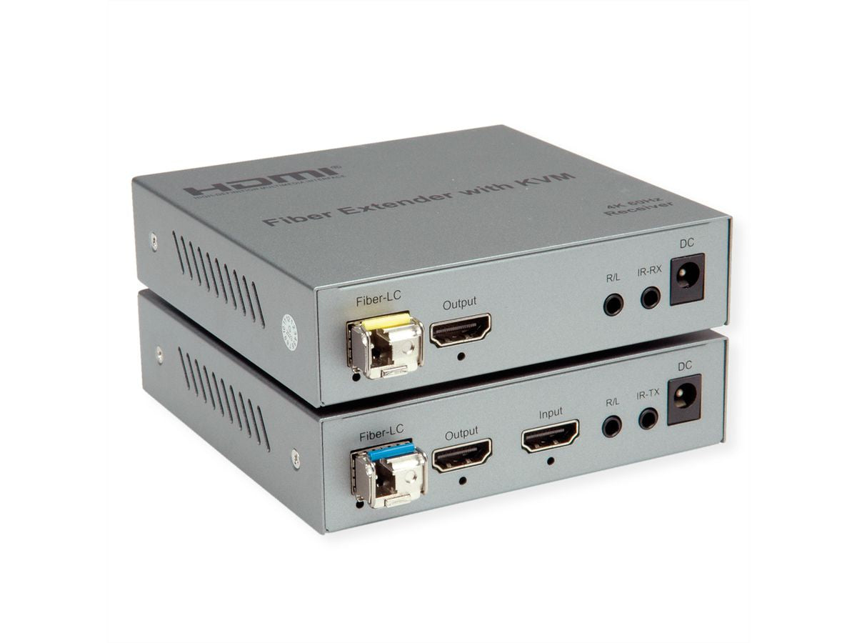 ROLINE KVM-Extender über LWL – 4K (3840 × 2160) @ 60 Hz, HDMI, USB, bis 20 km, 2× SFP, IR/RS-232 – Silber