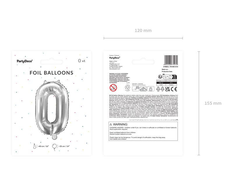 PartyDeco Folienballon Zahl 0 – Silber – 35 cm – 1 Stk