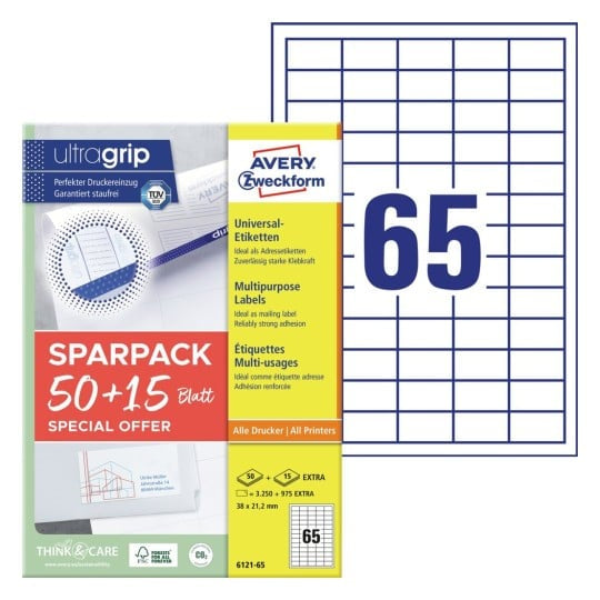 AVERY Zweckform – Etiketten A4 38 × 21 mm – weiss – permanent haftend – Laser/Inkjet – 65 Blätter, 65 Blätter