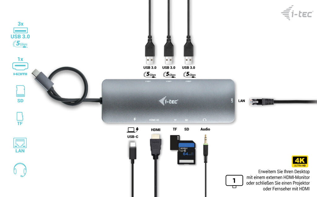 i-tec MetalNanoDock Dockingstation – USB-C, HDMI, 3× USB-A, 100 W PD, GbE, für Windows/Mac/ChromeOS