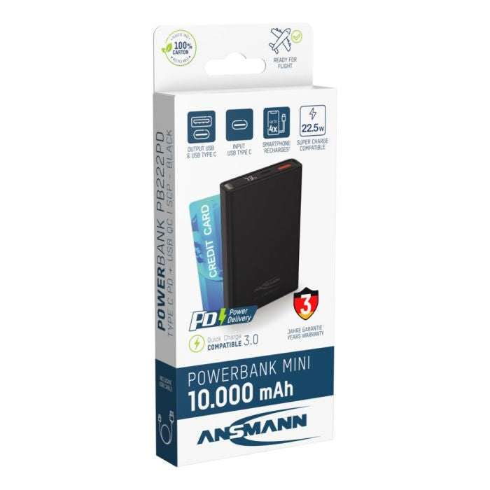 Ansmann PB222PD Powerbank 10'000 mAh – 22,5 W PD, 1× USB-C, 1× USB-A, schwarz