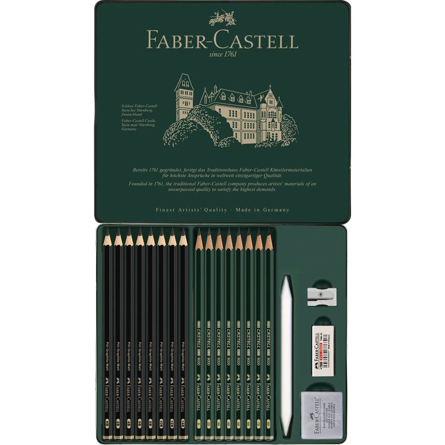 Faber-Castell Pitt Graphite Matt & Castell 9000 Graphit-Set, 14B–B, Metalletui – 20-teilig