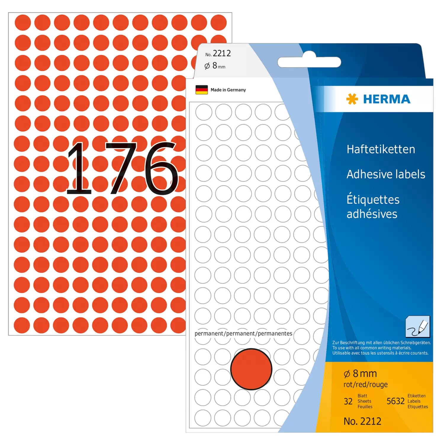 HERMA Haftetiketten – Ø 8 mm, permanent, rot, Bogen 111 × 170 mm, 32 Blätter (5'632 Stk.)