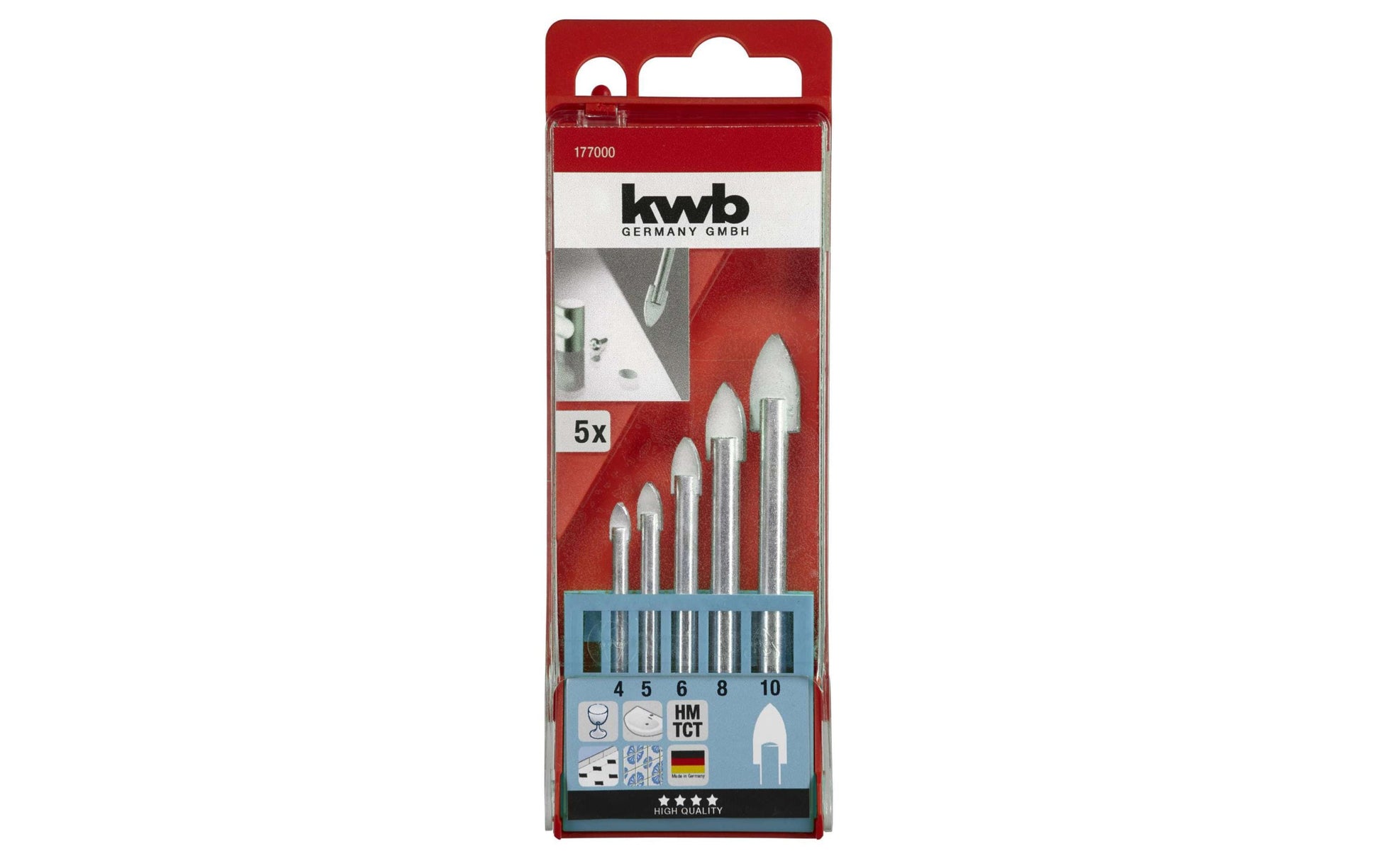 kwb Glasbohrer-Set 4/5/6/8/10 mm Zylinderschaft – für Glas, Fliesen – 5-teilig