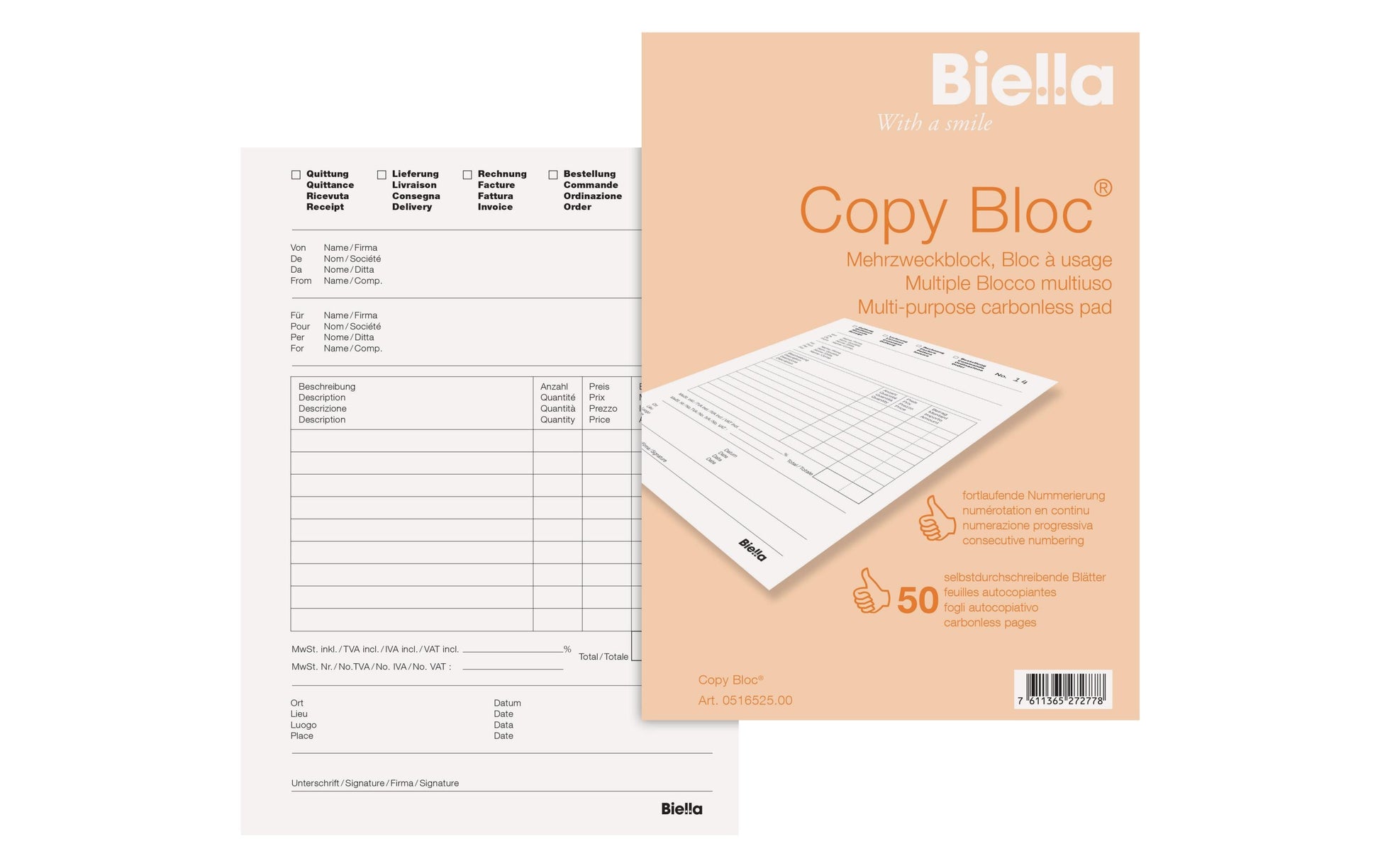 Biella Formularblock – mehrsprachig, 50 Blatt, A5