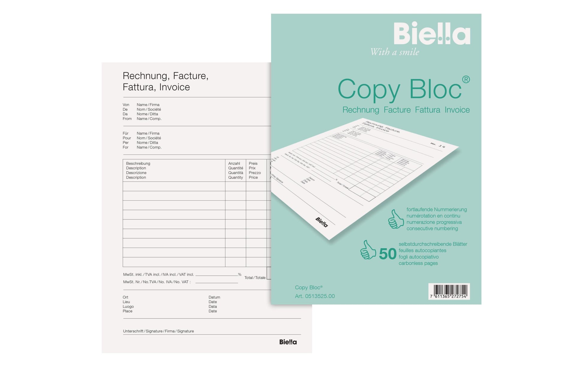 Biella Formularblock – Rechnung, mehrsprachig, 50 Blatt, A5
