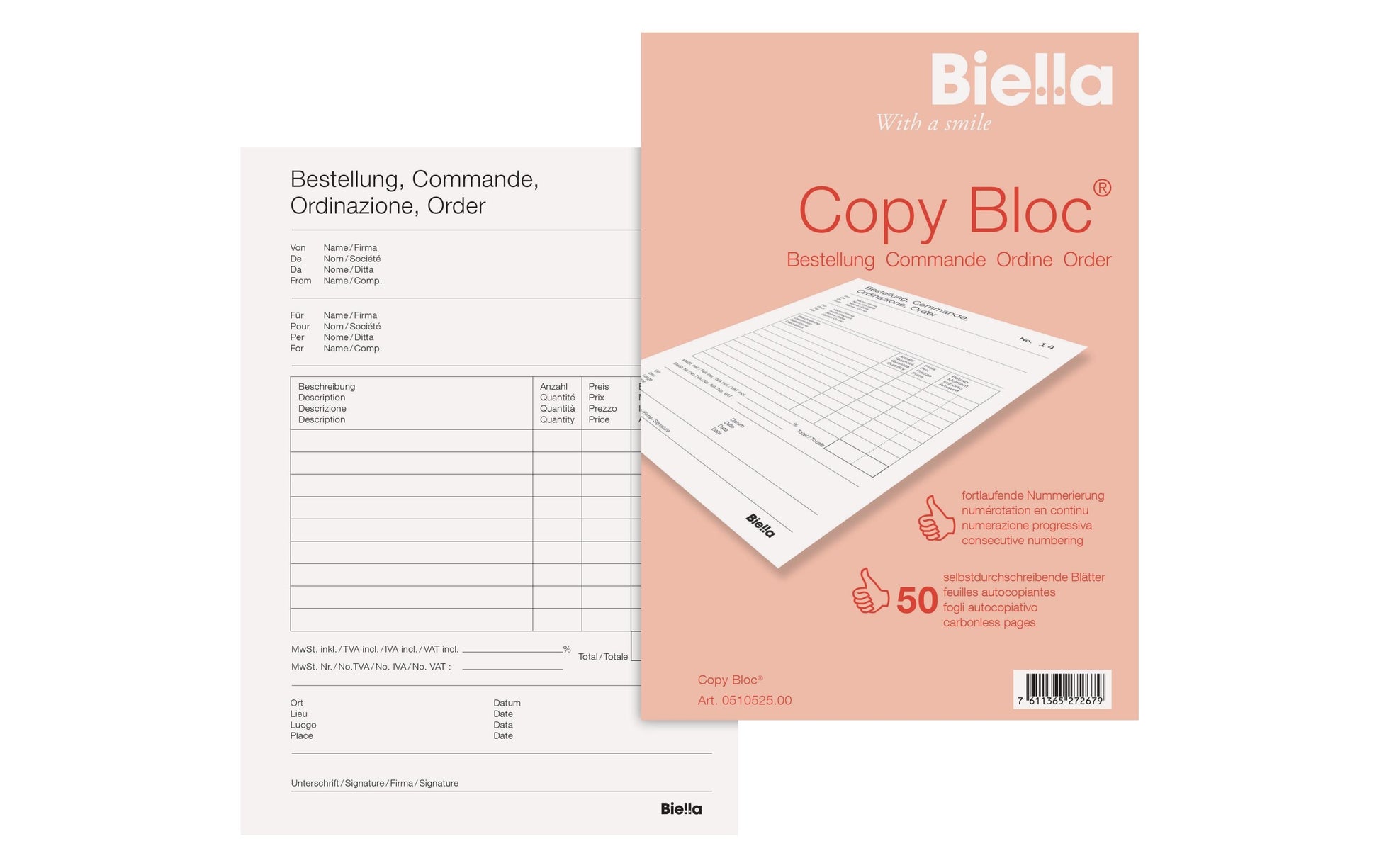 Biella Durchschreibeblock – Bestellschein, mehrsprachig, 50 Blatt, A5