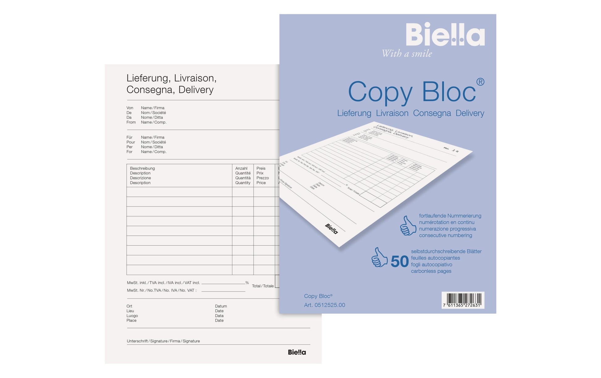 Biella Formularblock – Lieferschein, mehrsprachig, 50 Blatt, A5