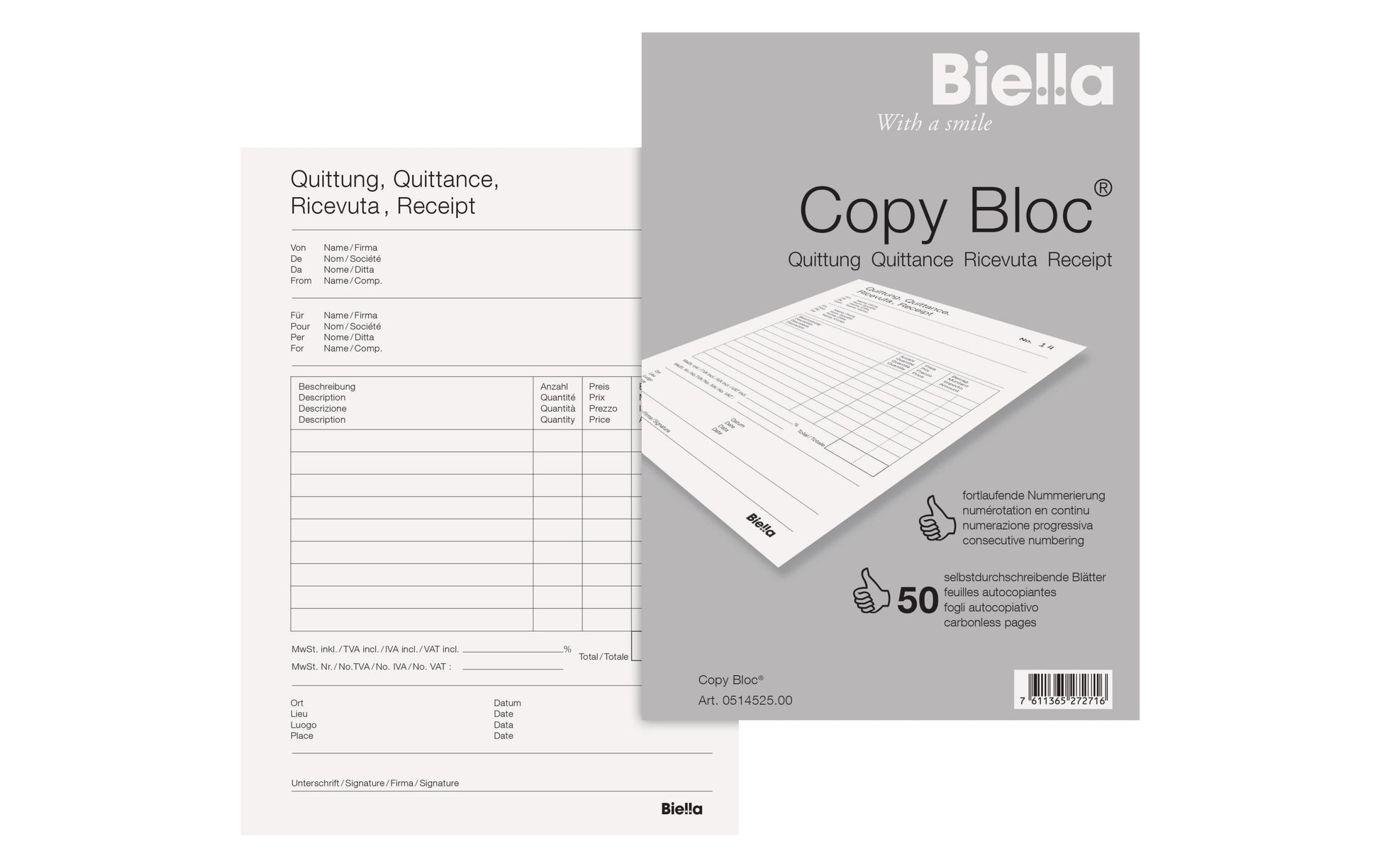 Biella Formularblock – Quittungen, mehrsprachig, 50 Blatt, A5