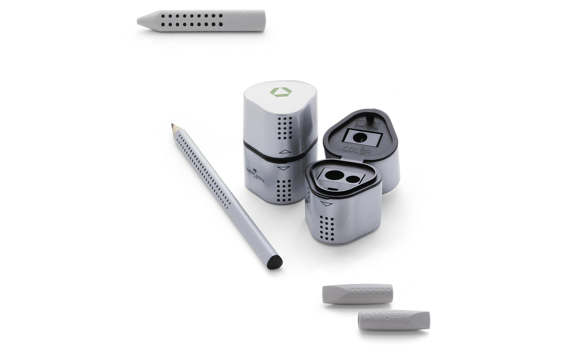 Faber-Castell Spitzer – manuell, 2-Loch, mit Behälter, für Blei- & Buntstifte Ø 8 & 10 mm, Kunststoff, silber